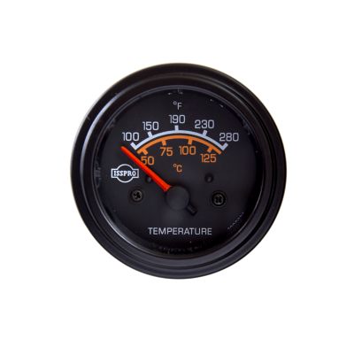 Black round oil temperature gauge with dual Fahrenheit and Celsius readings, red needle, and ISSPRO branding.