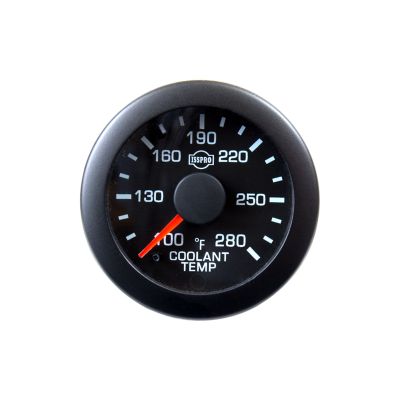 Black temperature gauge with white numbers and a red needle, displaying coolant temperature in Fahrenheit.