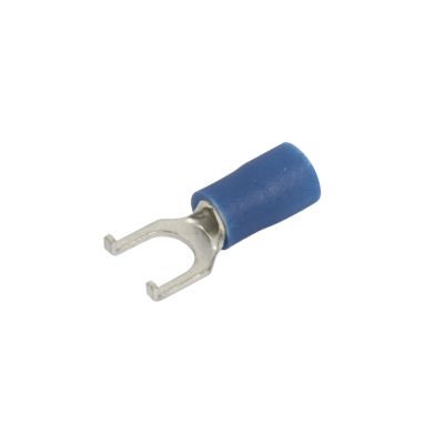 Blue vinyl flanged spade terminal with open prongs, suitable for wiring connections and electrical applications.