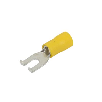 Yellow vinyl flanged spade terminal with metal forked connector for 6 stud applications, suited for 12-10 gauge wiring.