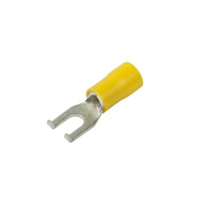 Yellow vinyl flanged spade terminal, with an open U-shaped design for 8 stud connections, suitable for 12-10 gauge wires.