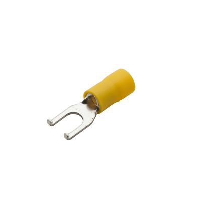 Yellow vinyl flanged spade terminal with metal fork for 10 stud, suitable for 12-10 gauge wire connections.