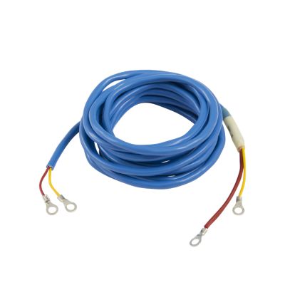 Blue high-temperature lead wire with terminal connectors, ideal for electrical applications, coiled and ready for use.