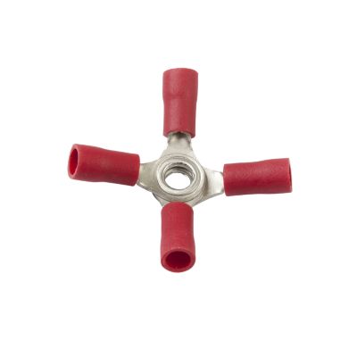 Red vinyl X connector with four insulated terminals for 22-18 gauge wiring applications.