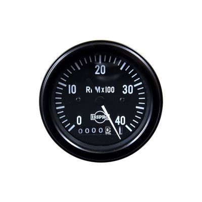 Black ISSPRO tachometer with RPM x 100 dial and hour meter, featuring a sleek design for monitoring engine performance.