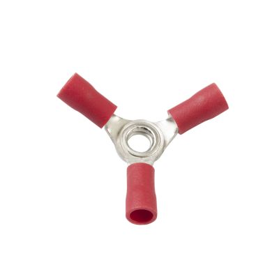 Red vinyl Y connector with three pronged design, ideal for electrical connections, featuring durable insulation for safety.