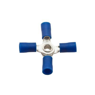Blue vinyl X connector with four insulated ends, ideal for electrical connections.