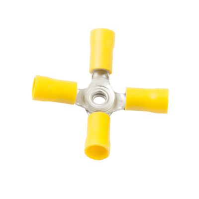 Yellow vinyl X connector for electrical cables, suitable for 12-10 gauge applications, featuring four terminals.