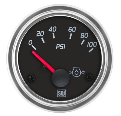 Oil pressure gauge kit with a black face, red needle, and single PSI scale, displaying a quality mechanical design.