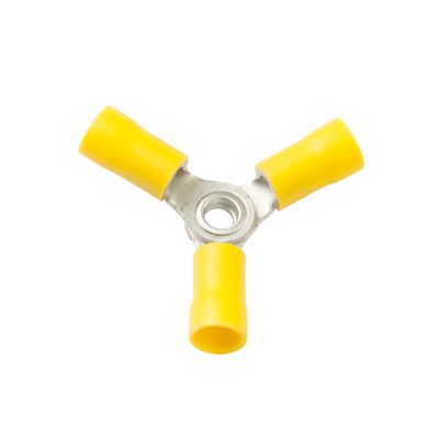 Yellow vinyl Y connector for electrical applications, featuring durable design and versatile use.