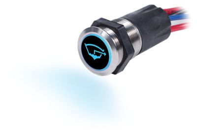 Blue Sea Systems push button switch with backlit design, suitable for 12V circuits, featuring a sleek metallic finish.