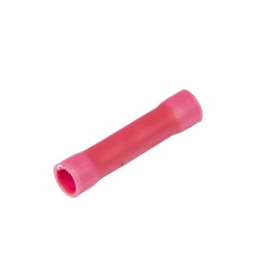 Red vinyl butt connector with butted seam for electrical wiring, designed for 22-18 gauge cables.