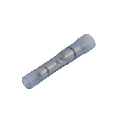 Vinyl step-down butt connector with color-coded indicators, designed for 22-18 and 16-14 gauge wires. Ideal for secure connections.