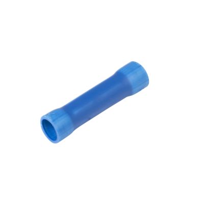 Blue vinyl butt connector with butted seam for efficient wire connections.