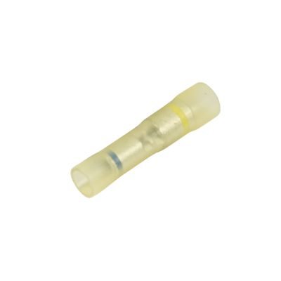 Vinyl step-down butt connector with a translucent body and colored bands for wire range identification.