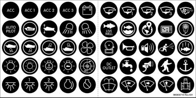 Push Button Switch Label Kit with icons for autopilot, lighting, DC outlet, and boating features on black circles.