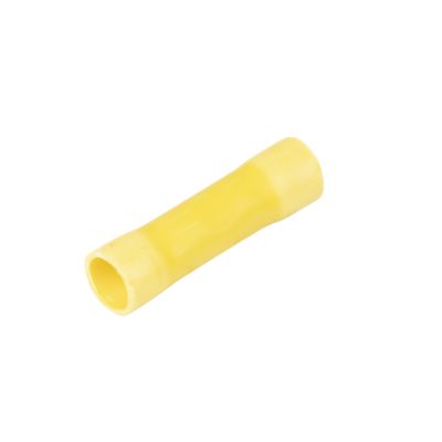 Yellow vinyl butt connector with butted seam, suitable for 12-10 gauge wires, isolated on white background.