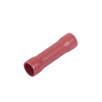 Red vinyl butt connector with butted seam, designed for 8-gauge wire connections. Perfect for electrical applications.