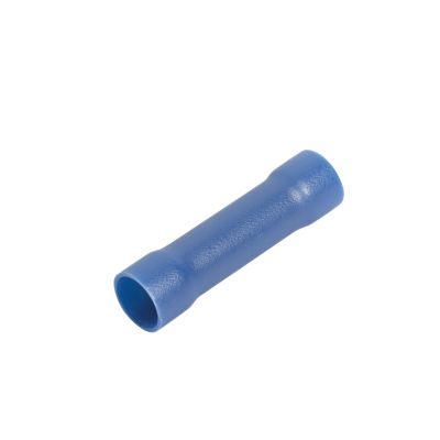 Blue vinyl butt connector with a butted seam, ideal for electrical wiring projects.