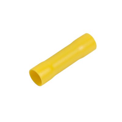 Yellow vinyl butt connector with butted seam design, ideal for secure wire connections in electrical applications.