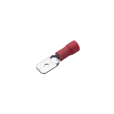 Red vinyl push-on terminal, male, partially-insulated, suitable for 22-18 gauge wires.