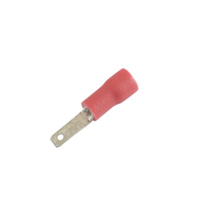 Red vinyl-insulated push-on terminal for electrical connections, designed for 22-18 gauge wires.
