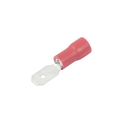 Red vinyl push-on terminal, male, partially-insulated, for 22-18 gauge wires.