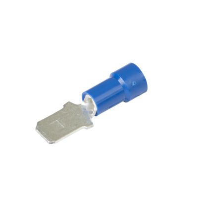 Blue, partially-insulated male vinyl push-on terminal for 16-14 gauge wire.