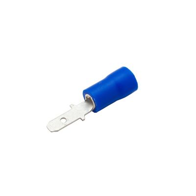Blue partially-insulated vinyl push-on male terminal for 16-14 gauge wires, featuring a metal connector tab.