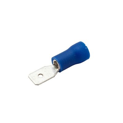 Blue vinyl push-on terminal, partially insulated, male connector, suitable for 16-14 gauge wire applications.