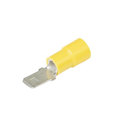 Yellow vinyl partially-insulated male push-on terminal for electrical connections, suitable for 12-10 gauge wires.