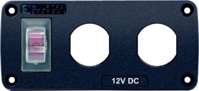 Water-resistant USB panel with 15 Amp circuit breaker switch and 2 blank apertures from Blue Sea Systems.