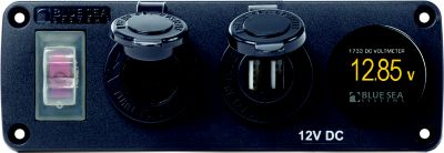 Water-resistant USB panel with circuit breaker, 12V socket, dual USB charger, and mini voltmeter from Blue Sea Systems.