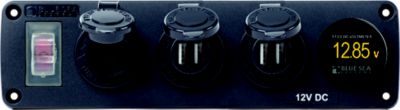 Water-resistant USB panel with circuit breaker, 12V socket, dual USB chargers, and voltage meter display.