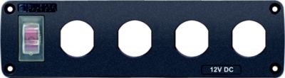 Water-resistant USB panel with circuit breaker switch and four blank apertures, designed by Blue Sea Systems.