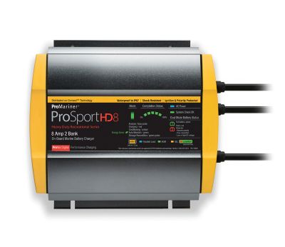 ProMariner ProSportHD 8 on-board charger, 2 banks, shown with durable design and control panel features.