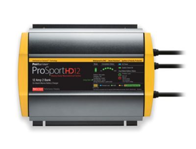ProMariner ProSportHD 12 on-board charger, yellow accents, dual bank, suitable for marine use, featuring digital technology.