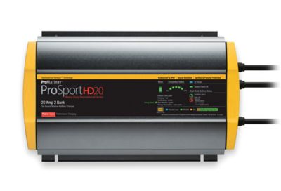ProMariner ProSportHD 20 on-board charger with dual bank system, featuring advanced technology and performance indicators.