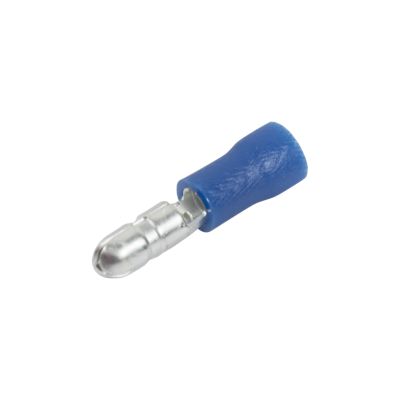 Blue vinyl bullet connector, male, with metal tip designed for 16-14 gauge wires, isolated on a white background.