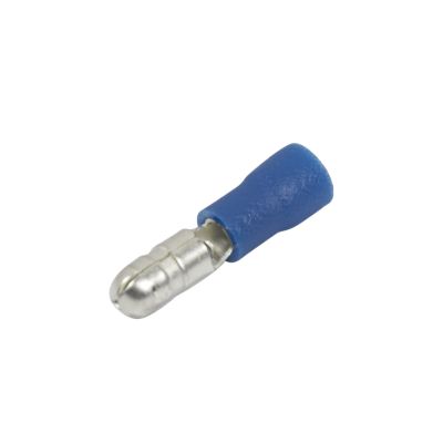 Blue vinyl bullet connector, male, for 16-14 gauge wires, featuring a metal tip and durable insulation for electrical wiring.