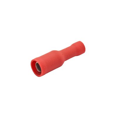 Red vinyl bullet connector, female type, suited for 22-18 gauge wires, against a plain background.