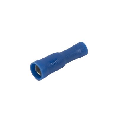 Blue vinyl female bullet connector for 16-14 gauge wiring, showcasing durable and reliable design for electrical connections.