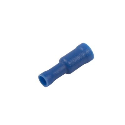 Blue vinyl female bullet connector for electrical wiring, compatible with 16-14 gauge wires.