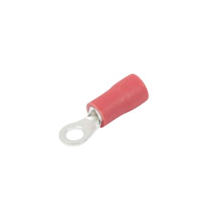 Red vinyl ring terminal with a circular metal connector for electrical wiring, designed for secure connections.