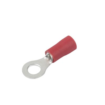 Red vinyl ring terminal for 8 stud, 22-18 gauge wires, featuring a durable metallic connector loop.