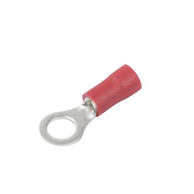 Red vinyl ring terminal with a metal loop connector, suitable for wiring applications.
