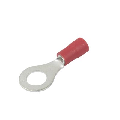Red vinyl ring terminal with a metal loop and red insulated sleeve for electrical connections.