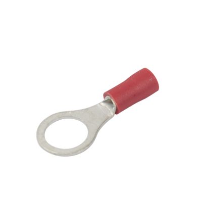 Red vinyl ring terminal with a metal loop for electrical connections, suitable for 22-18 gauge wires.