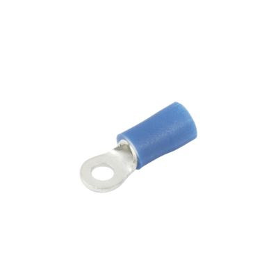 Blue vinyl ring terminal with a metal loop, suitable for 16-14 gauge wires, designed for a secure electrical connection.