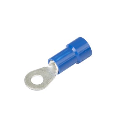Blue vinyl ring terminal for electrical connections, featuring a metal loop for attaching to a stud, suitable for 16-14 gauge wire.